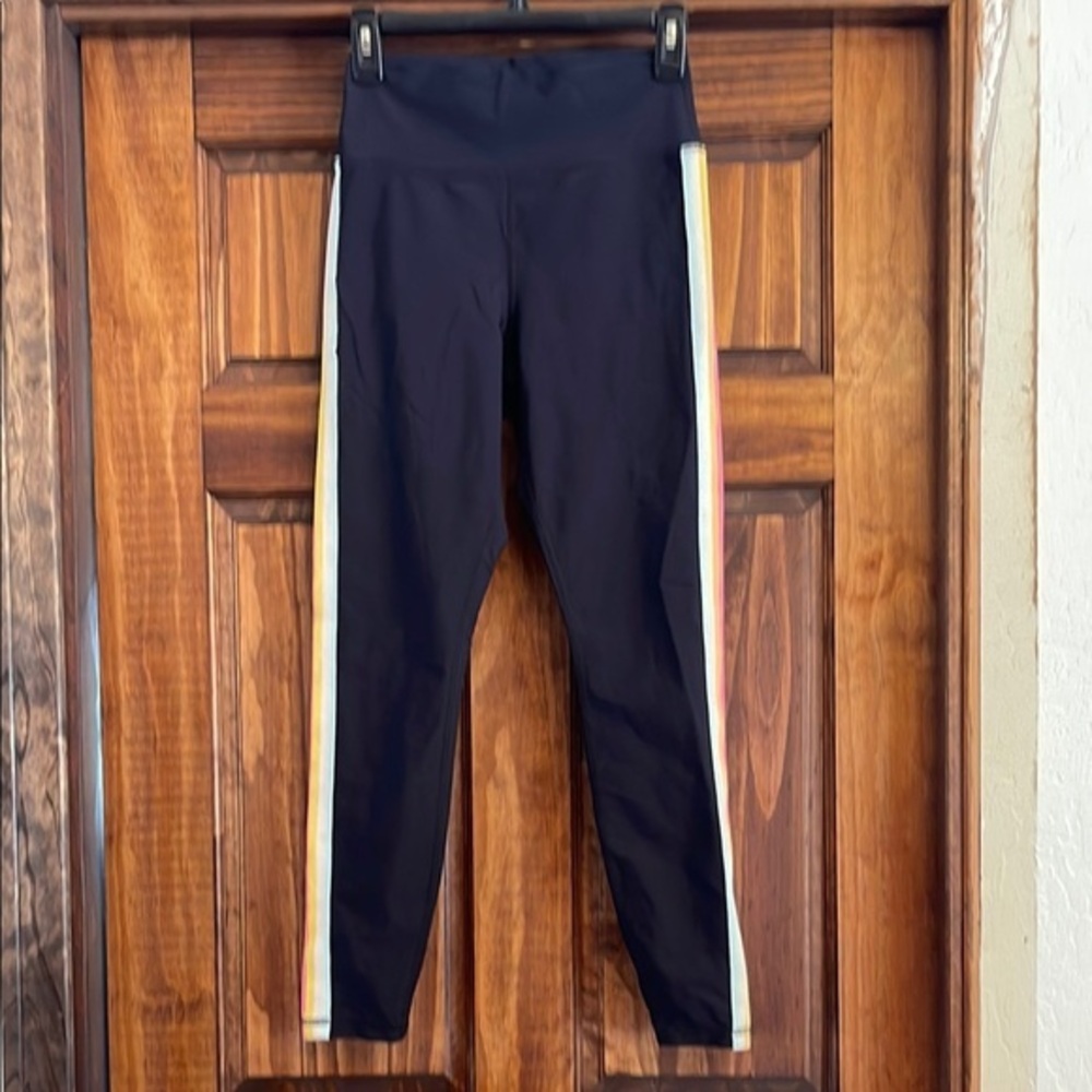 Spiritual Gangster Black Leggings rainbow stripe down the side of the leg M